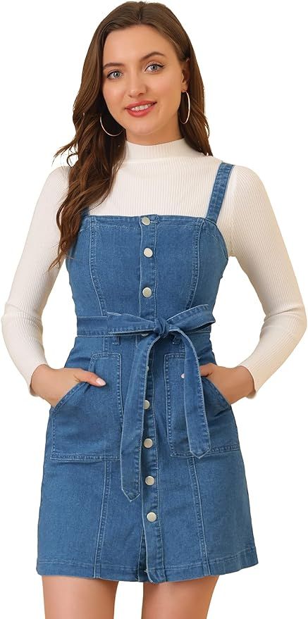 Allegra K Women's Classic Overall Dresses Adjustable Strap Pinafore Denim Jean Dress | Amazon (US)