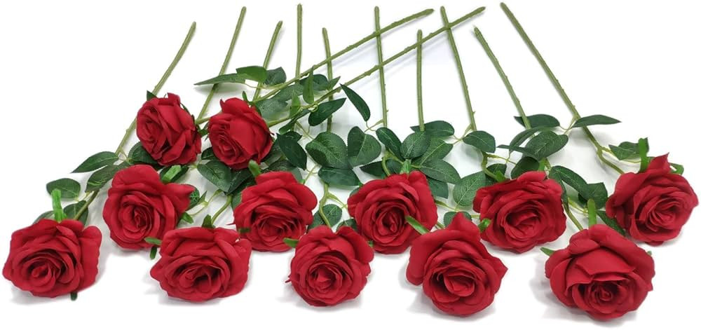 Laelfe 12 pcs Artificial Red Roses Flowers Long Stem Fake Silk Rose for Home Wendding Decorations... | Amazon (US)