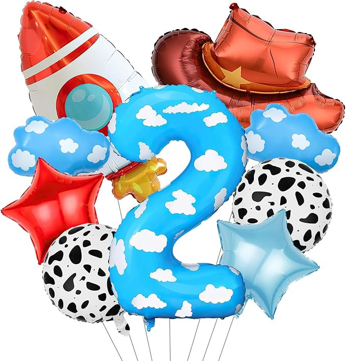 Toy Themed Decorations, 9pcs Cow Print Sky Blue Cloud Balloons with Rocket Balloon and Cowboy Hat... | Amazon (US)