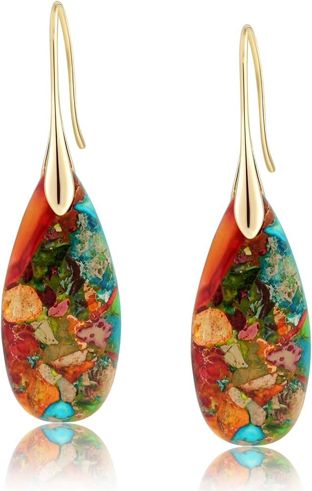 Natural Healing Stone Fishhoop Dangle Drop Earrings Statement Gold silver earrings | Amazon (US)