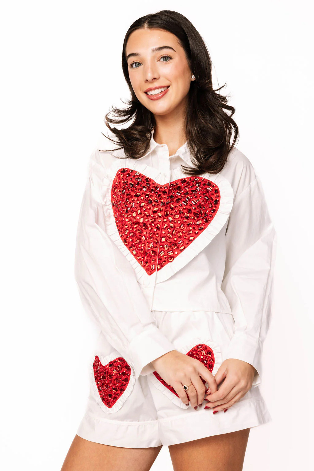 White & Red Oversized Jeweled Ruffle Heart Cotton Button Up Top | Queen of Sparkles