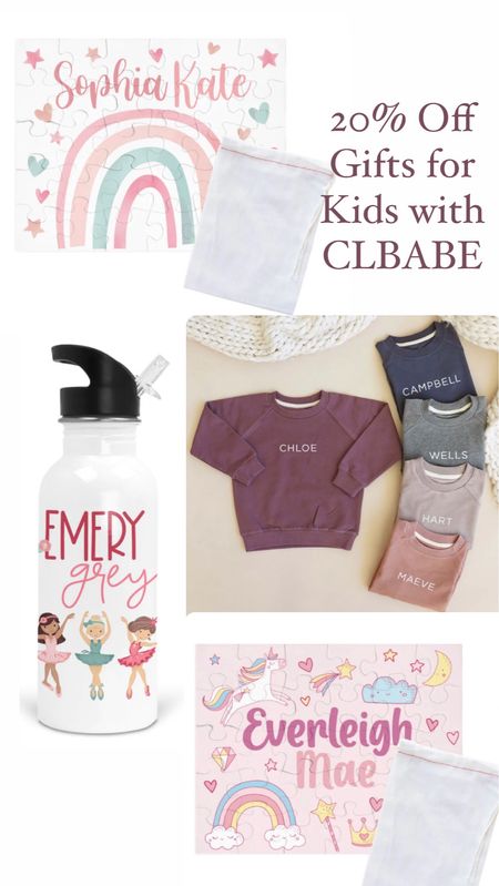 How cute are these personalized gifts for kids? Would be great for Christmas and everything is $30 and under with code CLBABE!

Personalized puzzle with name, embroidered kids sweatshirt, monogrammed water bottle, ballet gifts, fairy puzzle, gifts for girls, gifts for boys, gift ideas for kids, toddler gifts, holiday gift guide 

#LTKGiftGuide #LTKfindsunder50 #LTKkids