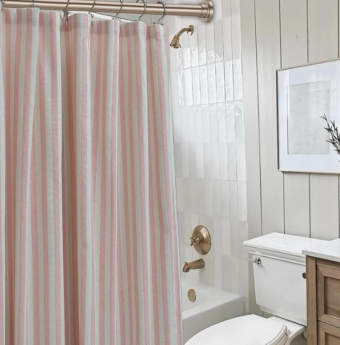 Vintage Pink Striped Fabric Shower Curtain for Bathroom, Rustic Farmhouse Cotton Blend Cloth Show... | Amazon (US)