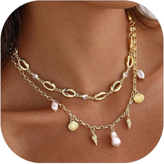 Shell Charm Necklace For Women Stack 14k Gold Plated Seashell Pearl Necklace Dainty Starfish Beac... | Amazon (US)