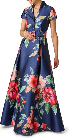 Adrianna Papell Floral Belted Mikado Gown | Nordstrom | Nordstrom