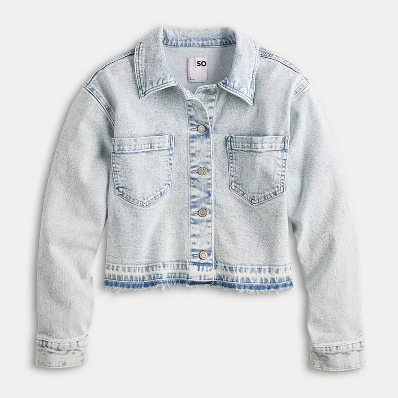 Juniors' SO® Released Hem Cropped Denim Jacket | Kohl's