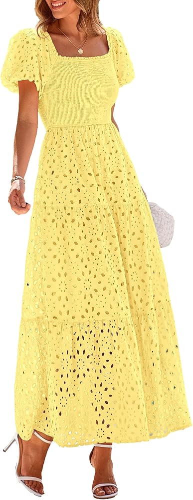 PRETTYGARDEN Summer Dresses for Women 2026 Eyelet Square Neck Puff Sleeve Smocked Wedding Guest M... | Amazon (US)