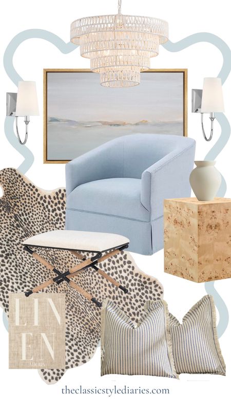 Coastal meets animal print. Classic and contrast with a sophisticated vibe. You can have both! I LOVE this blue swivel chair. Perfect burl wood table, woven ottoman, hair on hide rug, coastal art, blue art, nickel sconces, linen book

#LTKhome #LTKstyletip #LTKsalealert