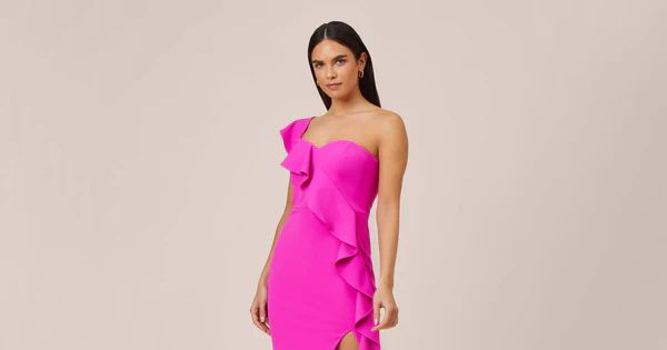 Stretch Crepe Strapless Midi-Length Sheath Cocktail Dress With Ruffle In Pink Flame | Adrianna Papell