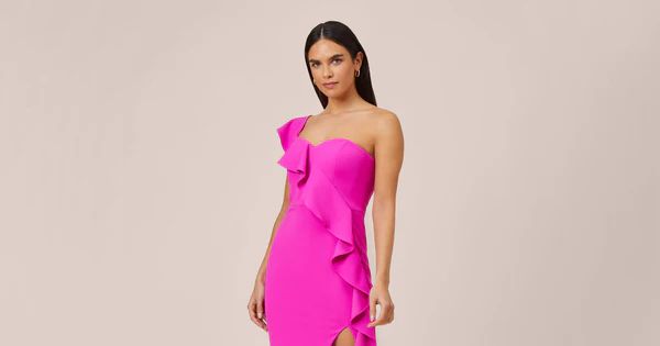 Stretch Crepe Strapless Midi-Length Sheath Cocktail Dress With Ruffle In Pink Flame | Adrianna Papell