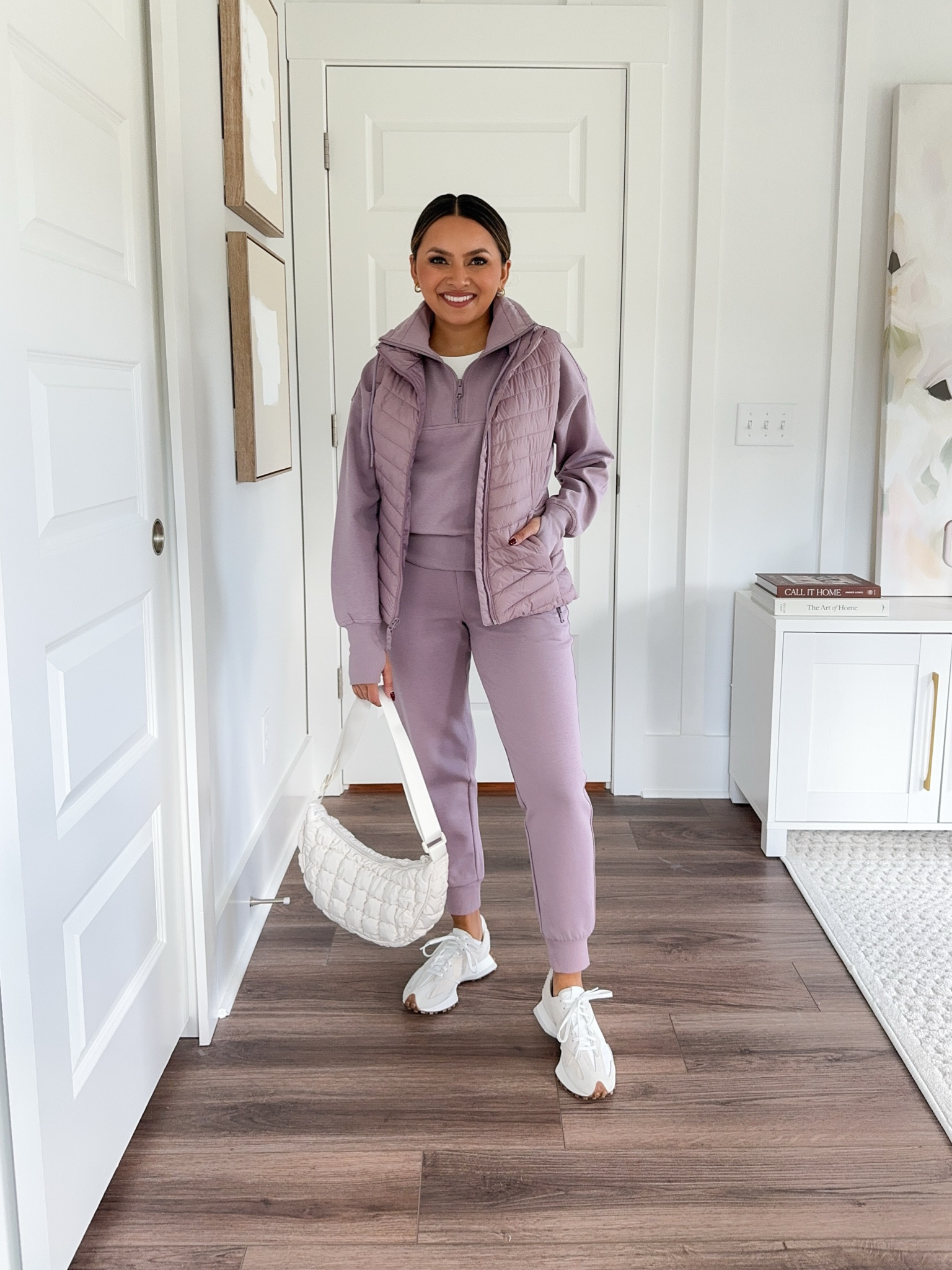 Lavendar half zip size XS petite TTS
White tank top size XS TTS 
Lavendar puffer vest size XS petite TTS
Lavendar fleece joggers size XS petite TTS 
White and tan sneakers size 6.5 TTS 

Fall outfit 
Fall style 
Activewear 
Fitness outfit 
Fall fashion 
Old navy 

Honey sweet petite 
Honeysweetetite 


#LTKStyleTip #LTKActive #LTKSaleAlert