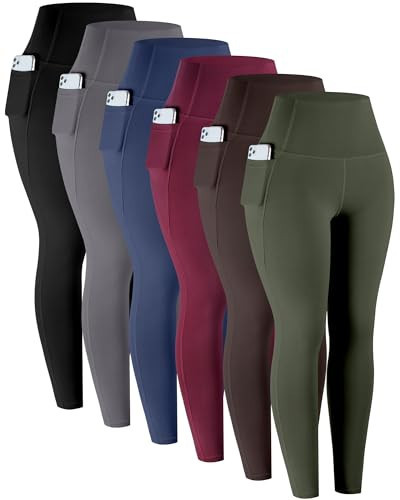 LZYVOO Leggings with Pockets for Women, 6 Packs Soft High Waisted Tummy Control Workout Yoga Pants(BlackGrayNavyWineGreenBrown-S) | Amazon (US)