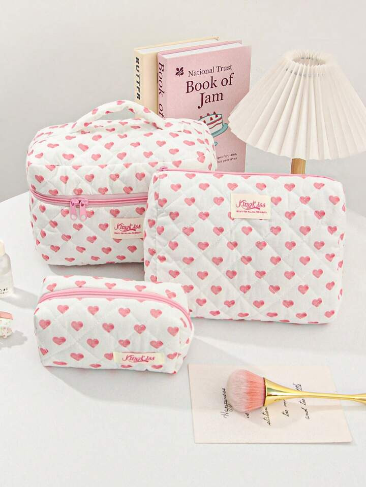 1 Piece Love Design Large Capacity Make Up Bag Set Fashionable Quilted Travel Toiletry Bag With H... | SHEIN