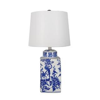 25 in. Blue/White Table Lamp with White Linen Shade | The Home Depot