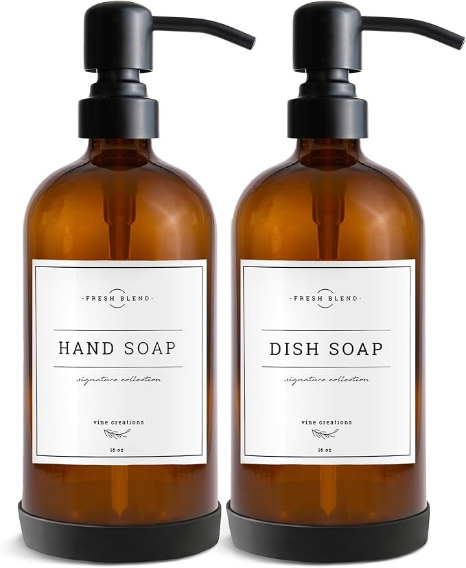 Vine Creations Amber Glass Soap Dispenser, 2 Pack Kitchen Soap Dispenser Set with Stainless Steel... | Amazon (US)
