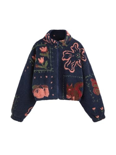 CIDER Sherpa Jacket Women Fleece Jacket Turtle Neck Floral Cropped Graphic Zipper Jacket for Winter: Dark Navy, L | Amazon (US)