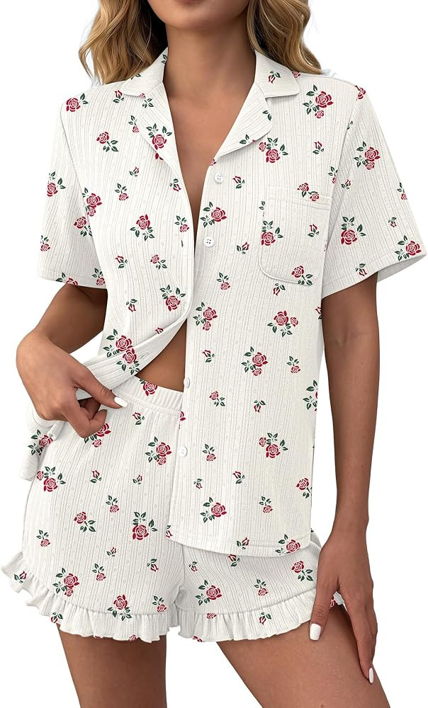 Ekouaer Women's Pajamas Sets Button Down Pjs Short Sleeve Ruffle Sleepwear | Amazon (US)