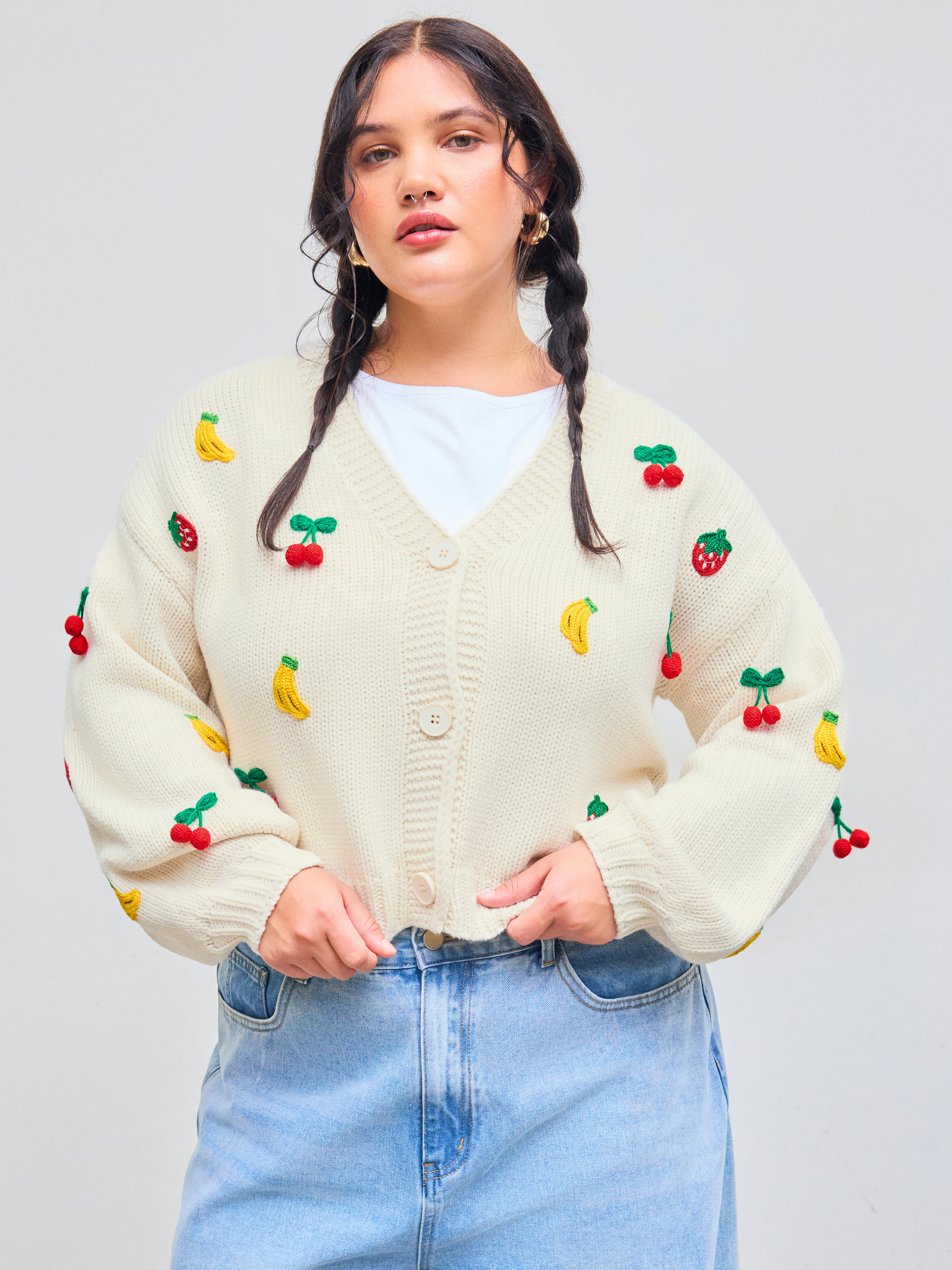 Knit Fabric Knitted V-neck Fruit Embroidery Button Cardigan Curve & Plus For School Daily Casual | Cider