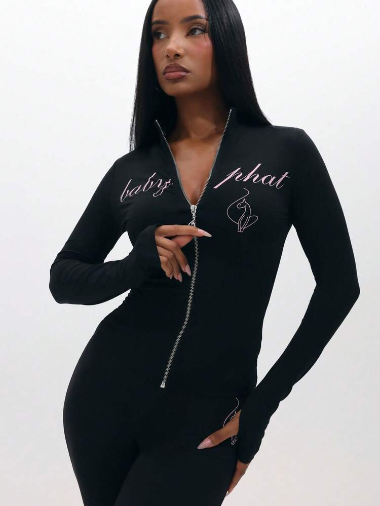 BABYPHAT Long Sleeve Zip Up Hoodie With Script Print And Logo Detail For Casual Everyday Wear | SHEIN
