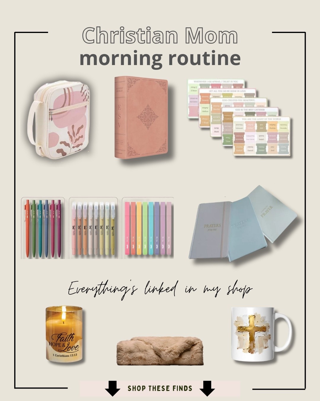 Christian mom morning routine essentials 🤍
If you’ve been wanting to build a simple and consistent quiet time with God, these are my favorite Bible study essentials that make it easier (and more enjoyable) to stay consistent.
From a beautiful journaling Bible and devotional tools to practical items like highlighters, prayer journals, and cozy touches, everything here helps create a calm and inviting Christian morning routine.
Perfect for busy moms who want a realistic way to spend time with God—even in the middle of a full day.
Everything is linked here to help you create your own peaceful quiet time routine 🤍
#christianmom
#quiettimewithgod
#biblestudytools
#christianmorningroutine
#faithbasedliving
#intentionalmotherhood
#momlife

#LTKmomlife #LTKmorningroutine #LTKselfcare