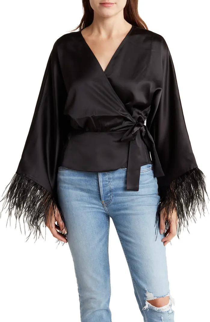 Feather Trim Satin Wrap Top | Nordstrom Rack