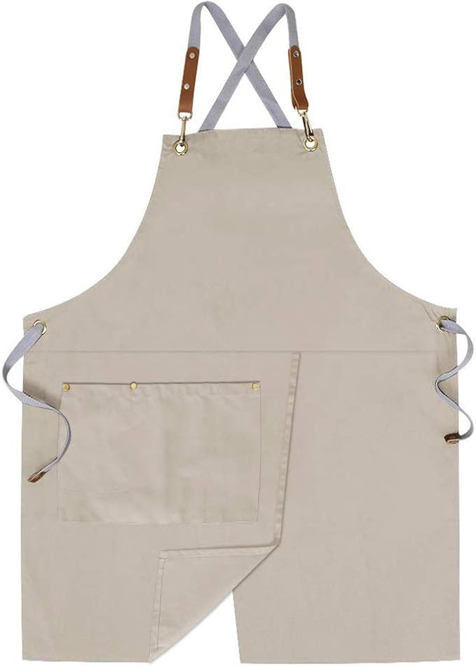 Mignongirl Crossback Apron with Pockets x2,Split Apron with Adjustable Straps,M-XXL (Beige) | Amazon (US)