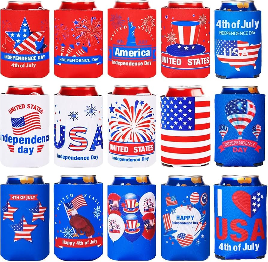 4th of July Decorations Red White Blue Decorations 16 PCs Can Cooler Sleeves for Independence Day... | Amazon (US)