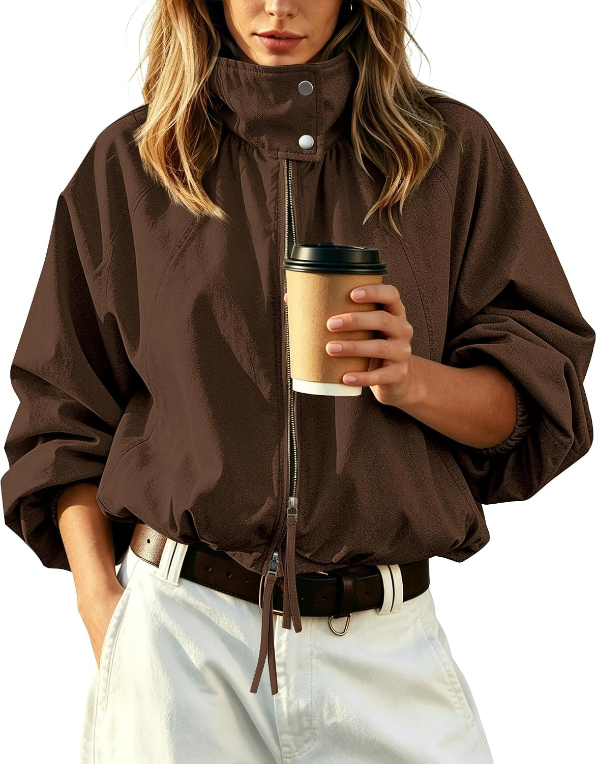 Womens Bomber Jacket Puffed Collar Trench Coat Funnel Neck Cropped Jackets | Amazon (US)