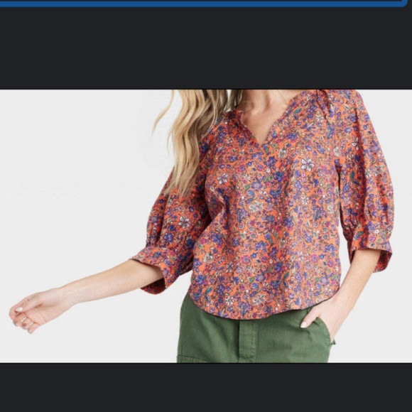 Universal Thread Orange/blue floral 3/4 Sleeve Pullover Blouse Women’s Size XS | Poshmark