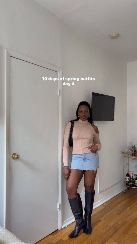 Spring outfits, spring fashion, spring style, mini skirt, denim skirt, outfit inspo, sweater outfit, knee high boots, black purse, casual outfit, easy outfit, everyday outfit 

#LTKsalealert #LTKfindsunder100 #LTKSpringSale