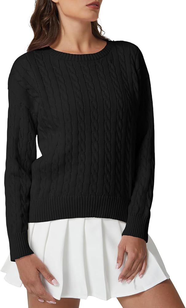 QINSEN Cable Knit Sweater for Women Long Sleeve 90s Vintage Ribbed Pullover Crewneck Sweater Tops | Amazon (US)