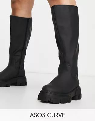 ASOS DESIGN Curve Carla chunky flat knee boots in black | ASOS (Global)