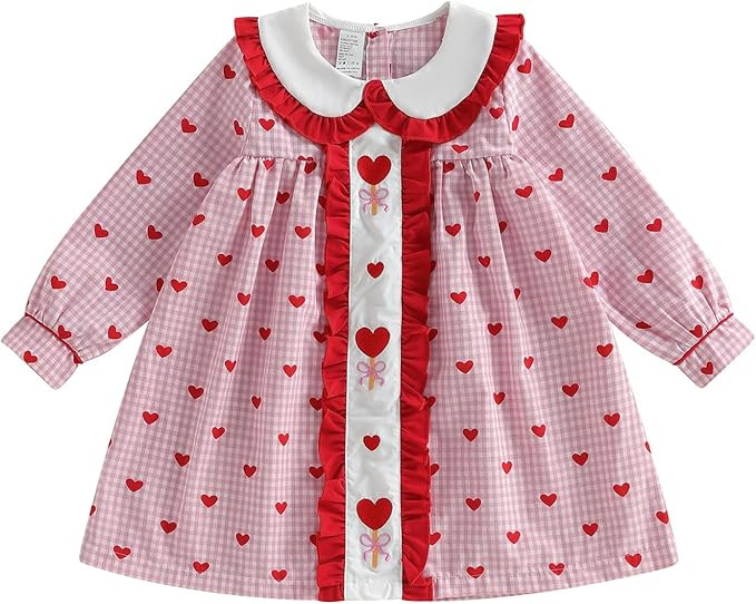 Toddler Little Girl Smocked Valentines Day Dress Love Heart Print Long Sleeve Doll Collar Plaid D... | Amazon (US)