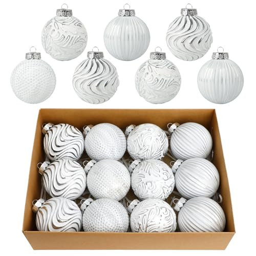 White and Silver Christmas Ornaments, 12 PCS 3.15 inches Christmas Tree Decorations Large Shatterproof Xmas Ornaments for Christmas Tree Vintage Neutral Rustic Xmas Ball Set Home Decor Indoor Outdoor | Amazon (US)