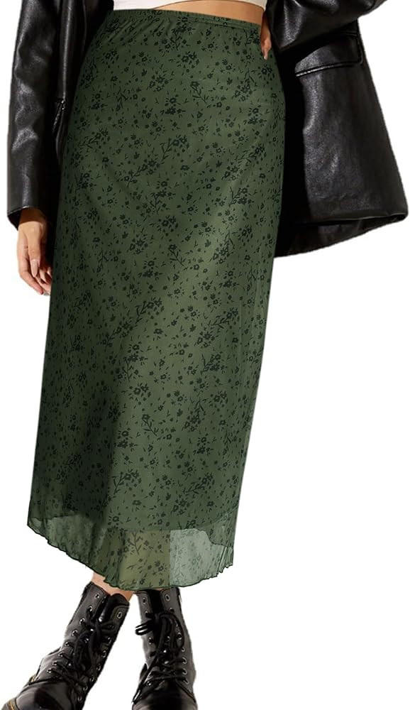 Avanova Women Mesh Floral Boho High Waist Midi Skirt Lettuce Trim Summer A Line Skirt | Amazon (US)