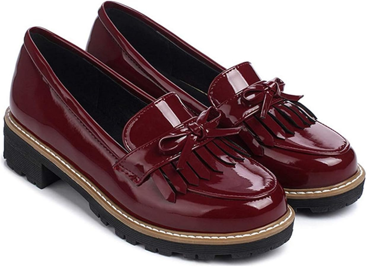 VOKLIN Women's Classic Tassels Flat Oxford Shoes Patent Leather Slip On Low Heel Bowtie School Pe... | Amazon (US)