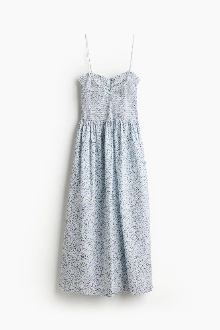 Smocked-bodice Dress - White/blue floral - Ladies | H&M US | H&M (US + CA)