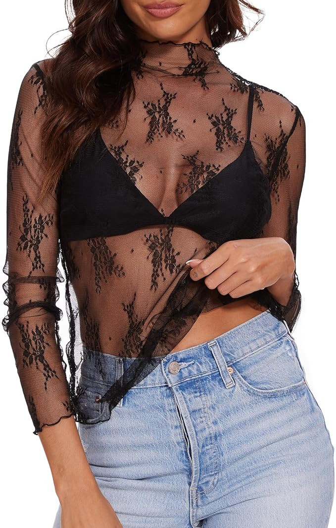 WHIPPY Womens Lace Long Sleeve Mesh Top Mock Neck Sheer Blouse Layering See Through Shirt Floral ... | Amazon (US)