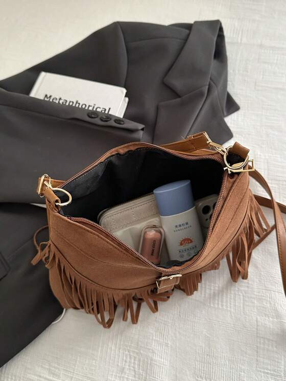 1pc Brown PU Smooth Zipper Tassel Decor Fashionable Versatile Casual Crossbody Bag, Suitable For ... | SHEIN