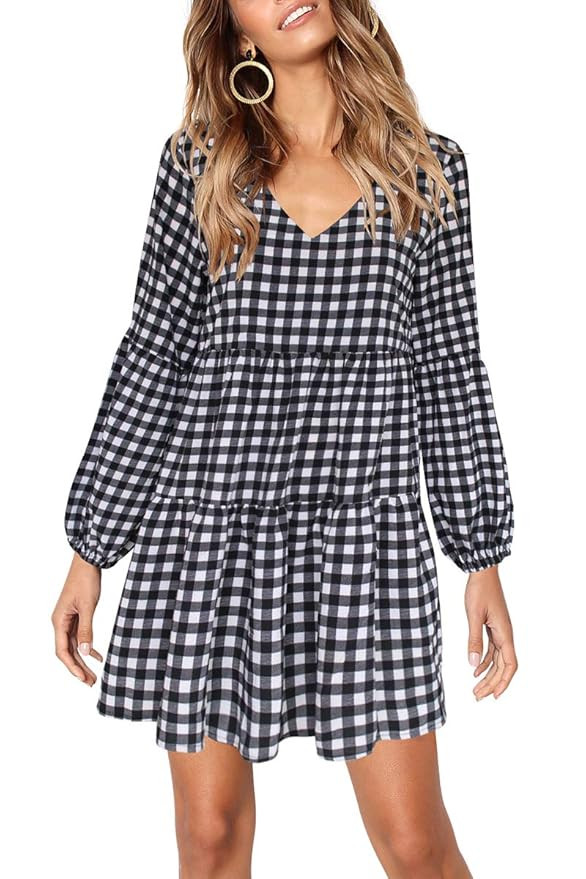 Cosonsen Womens Printed Swing Shift Dress Long Sleeve V Neck Tunic Dress | Amazon (US)