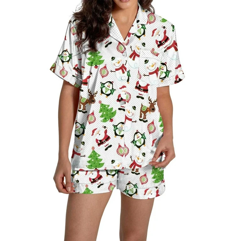 Christmas White Pajamas for Women Set Women Pajamas Graphic Printed Silk Satin Cute Sleepwear But... | Walmart (US)
