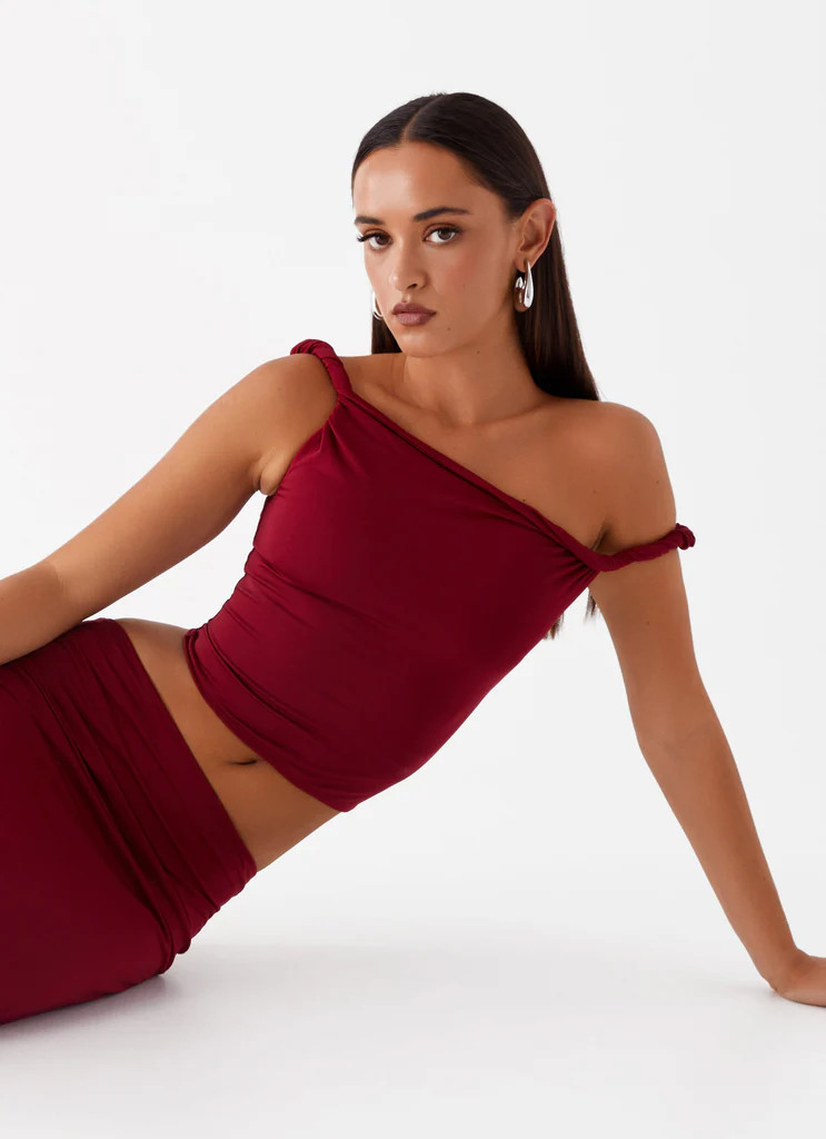 Solace Soul Twist Shoulder Top - Maroon | Peppermayo (Global)