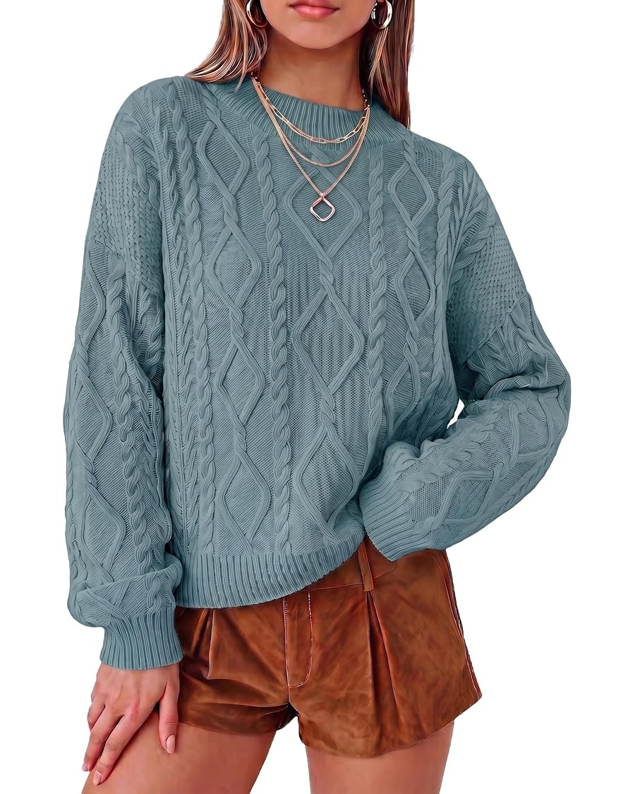 Arach&Cloz Women's Oversized Cropped Cable Knit Casual Sweater Tops | Amazon (US)