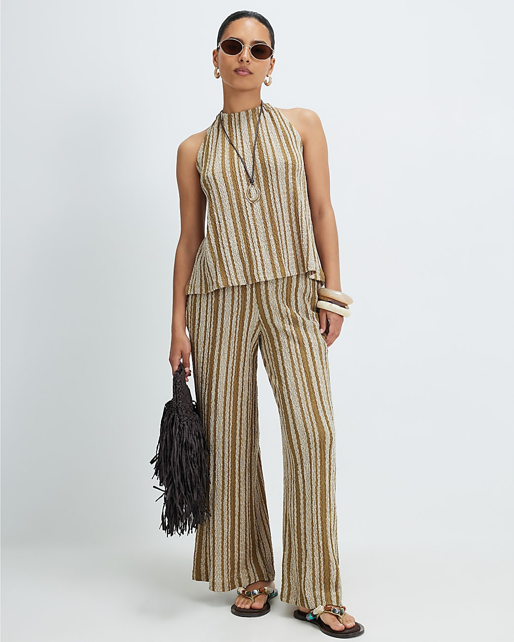 Petite Green Stripe Textured Wide Leg Joggers | River Island UK & IE