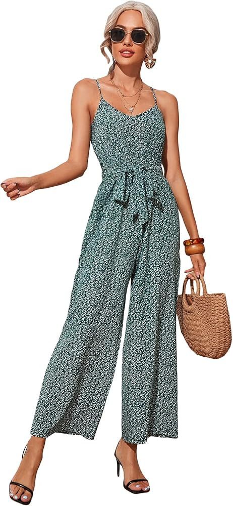 Floerns Women's Palm Leaf Print Shirred Back Button Cami Palazzo Jumpsuit | Amazon (US)