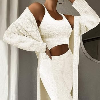 Women's 3 Piece Teddy Lounge Wear Crop Top Wide Leg Pants Cardigan Jacket Fleece Pajamas Set Whit... | Amazon (US)