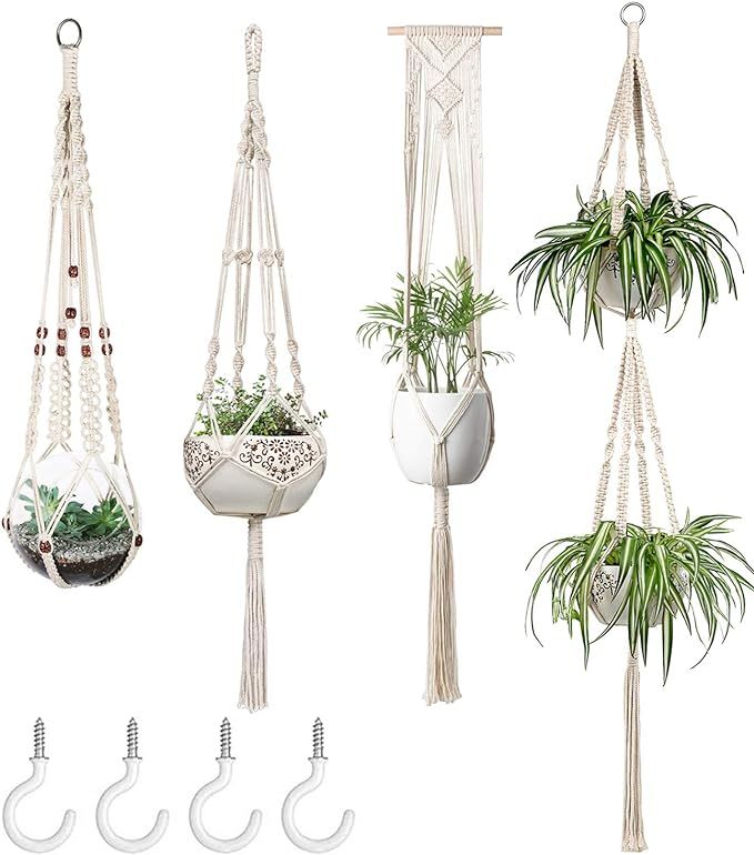 Mkono Macrame Plant Hangers Set of 4 Indoor Wall Hanging Planter Basket Decorative Flower Pot Hol... | Amazon (US)