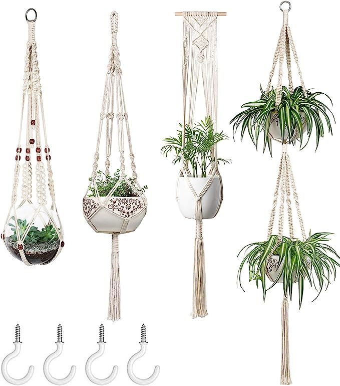 Mkono Macrame Plant Hangers Set of 4 Indoor Wall Hanging Planter Basket Decorative Flower Pot Hol... | Amazon (US)