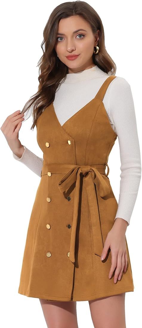 Allegra K Women's Faux Suede V Neck Button Down Belted Pinafore Overall Dress | Amazon (US)