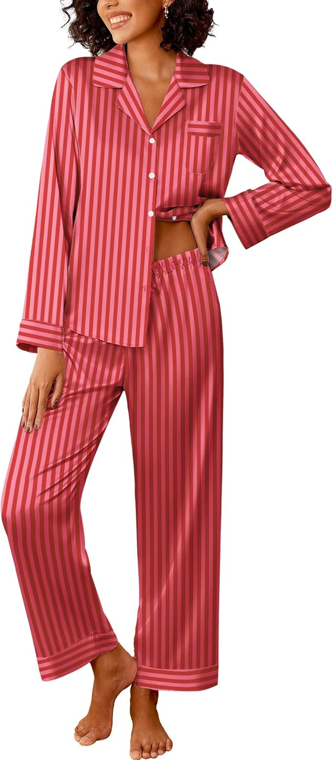 Ekouaer Womens Silk Satin Pajama Sets 2 Piece Sleepwear Pjs Set Long Sleeve Button Down Top and P... | Amazon (US)
